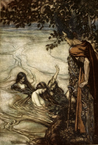 "Vaikka nauratte iloisesti, niin suruunne te jäätte". Pilkkaaville neidoille tämä sormus, jota pyydätte, ei koskaan ole teidän", kuvitus teoksesta "Siegfried ja jumalten hämärä", 1924. tekijältä Arthur Rackham